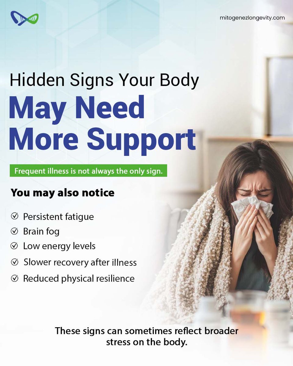 Mitogenez's tweet photo. Getting sick repeatedly? It may be more than bad luck.

Nutrition, sleep, stress and recovery all influence your body’s resilience. Understanding these factors can support better long-term health.

Call: 9056127554 | 9311029111 https://t.co/1hu6uAkpqq