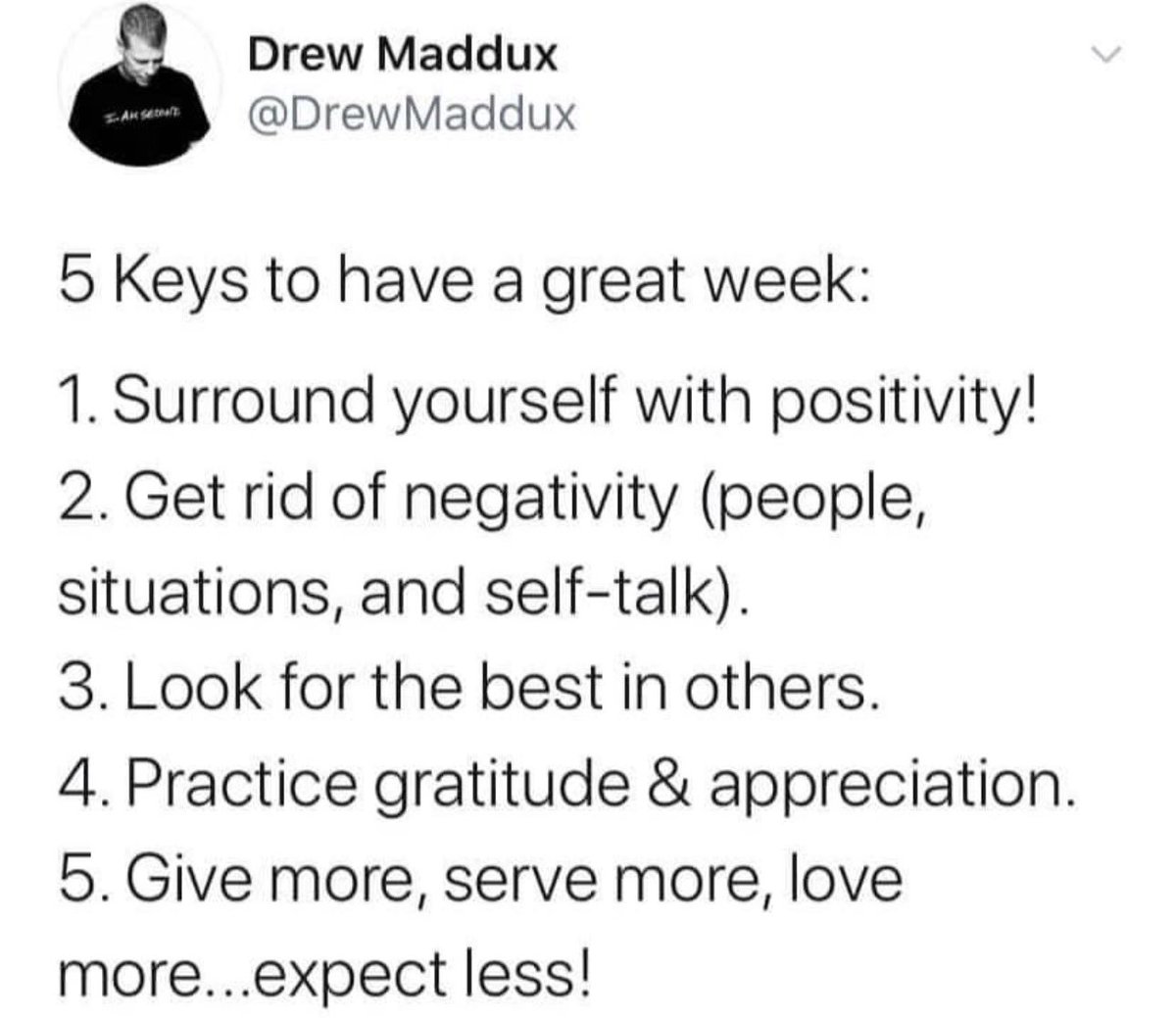 DrewMaddux's tweet photo. 5 Keys to have a great week! 🙏 https://t.co/yswnw6SoJx