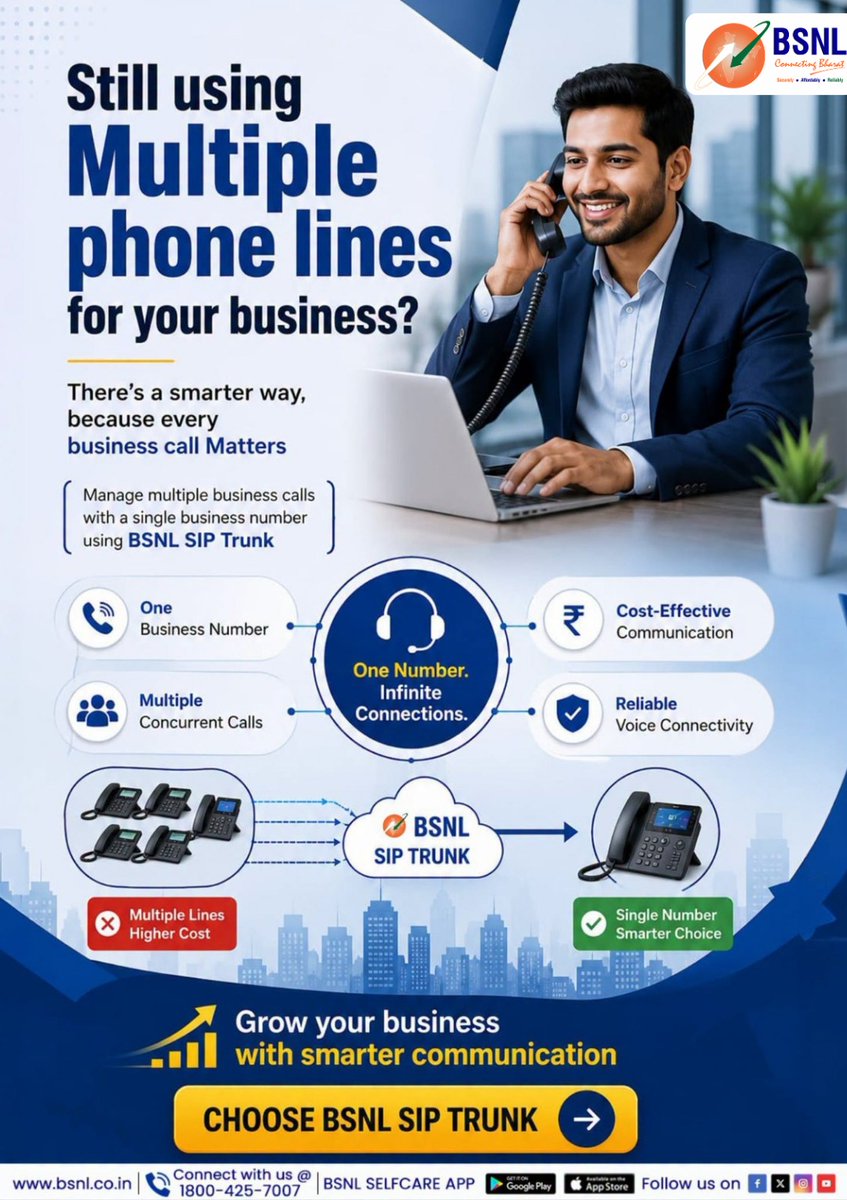 BSNL_GJ's tweet photo. Why manage multiple phone lines when one smart solution can handle  all?
With BSNL SIP Trunk:
•Multiple concurrent calls
•Cost-effective communication
•Reliable voice connectivity
•One business number for seamless operations
#BSNLGUJARAT #SIPTrunk #BusinessCommunication https://t.co/0rQW2C626n