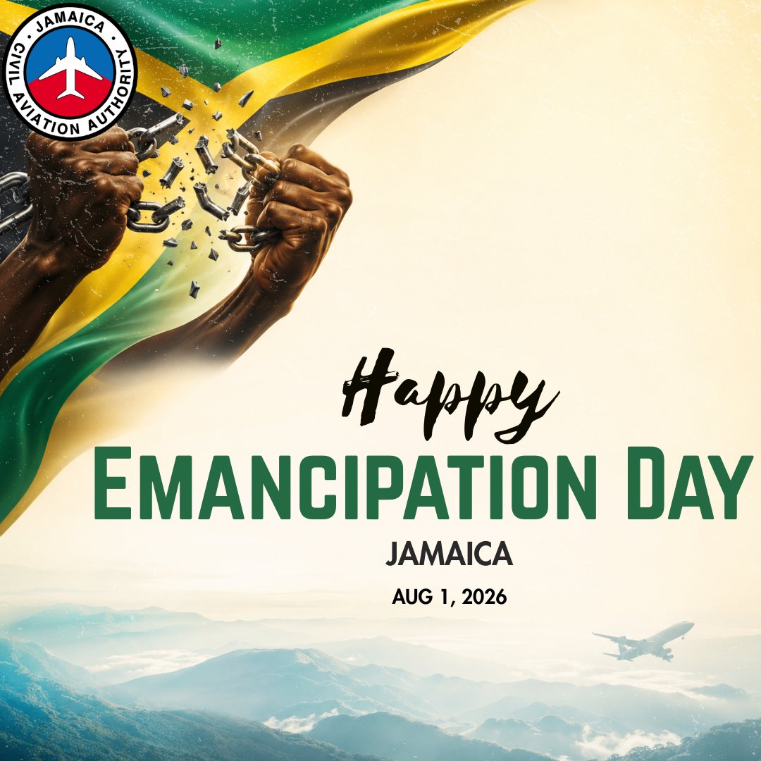 JCAA_NEWS's tweet photo. Today, we honour the courage, resilience and sacrifice of those who fought for freedom, while reflecting on the responsibility we carry to build a stronger future for generations to come.

Happy Emancipation Day from the Jamaica Civil Aviation Authority.🇯🇲

#JCAA  #Jamaica https://t.co/mswprVqmMU