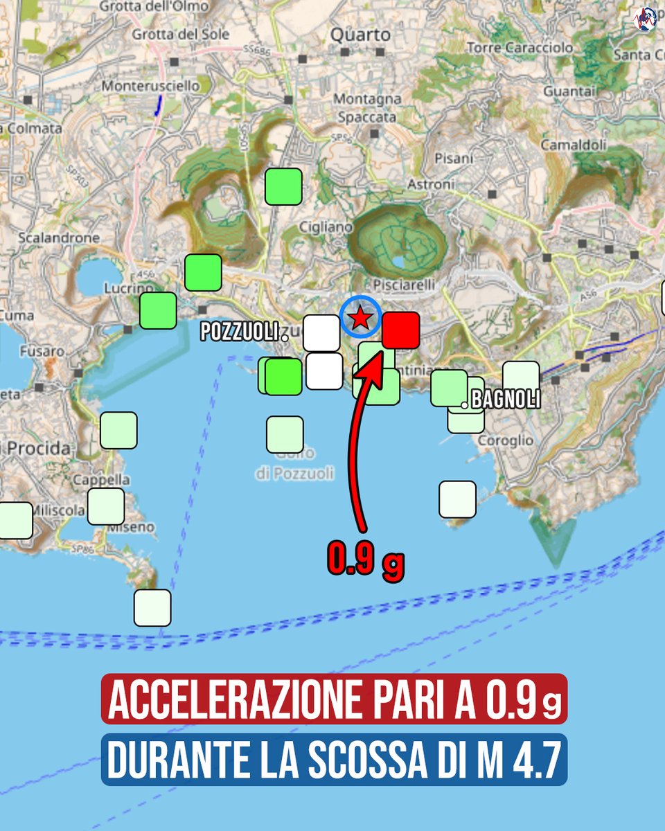 mondoterremoti's tweet photo. Il #terremoto di M 4.7 ha prodotto uno scuotimento notevole del suolo. La stazione del bordo orientale della Solfata ha registrato un picco di accelerazione del suolo pari a 0.9 g, un valore molto elevato, è una spinta quasi pari alla forza di gravità terrestre. #CampiFlegrei https://t.co/W0Fzk4zunL
