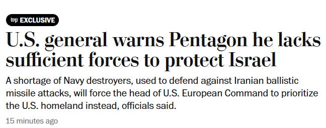 bonzerbarry's tweet photo. The US blew almost its entire clip protecting israel. Who cares about EUCOM or protecting the homeland, everyone is part of CENTCOM now. The US must sacrifice everything for israel. https://t.co/HoM5gH6JXJ