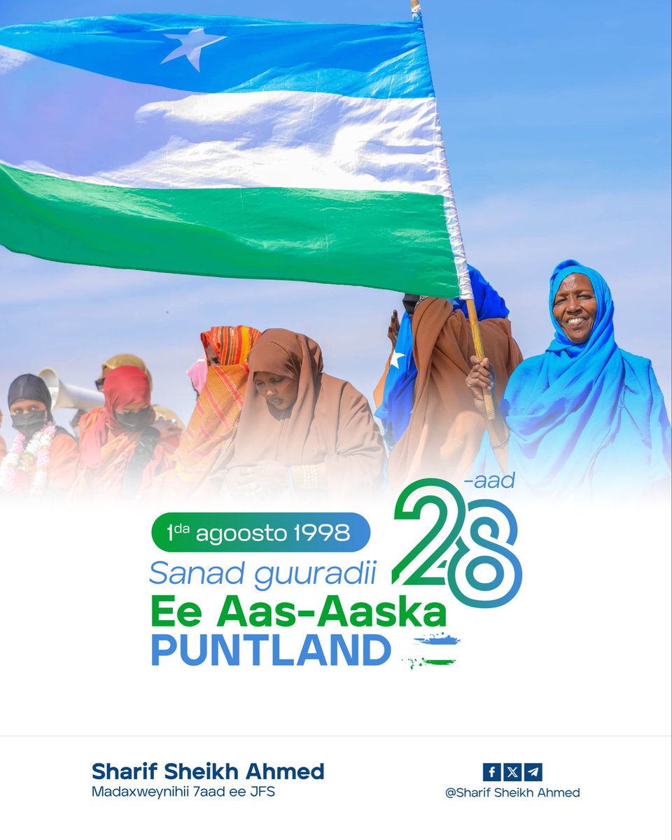 HESharifShAhmed's tweet photo. Waxaan shacabka Puntland iyo Madaxdooda ugu 
hambalyeynayaa sannad-guurada 28-aad ee ka soo wareegtay aas-aaska Puntland 

Puntland waxay astaan u tahay nidaam maamul oo ku dhisan xasillooni siyaasadeed iyo nabadgalyo, waxayna door muuqda ku leedahay geedi-socodka dowlad-dhiska Jamhuuriyadda Federaalka Soomaaliya.

Waxaan mar kale u rajeynayaa shacabka Soomaaliyeed ee Puntland & madaxdooda horrumar iyo barwaaqo waxaana ku boorrinayaa inay illaashadaan nabadgalyadooda islamarkaana ay sii xoojiyaan kaalintooda kaga aadan sidii ay Soomaaliya ku gaari lahayd dowladnimo sal adag.
