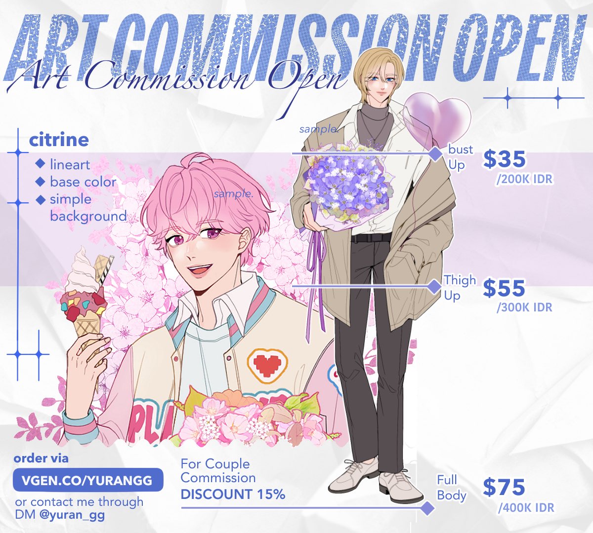 yuran_gg's tweet photo. 🩷RTs &amp; likes appreciated

OPEN COMMISSI♡N for august batch! (0/4) 

Availables : 
⭑ Citrine (Lineart + Base Color)
⭑ Amber (rendered)
⭑ YCH Doki-Doki Heart 
⭑ YCH Couple Snuggles

For order👉 https://t.co/QvnpVj0Yep
Or DM me💌

#VGenOpen #VGenComm #yuranggcomms https://t.co/6K7bU0Y43J