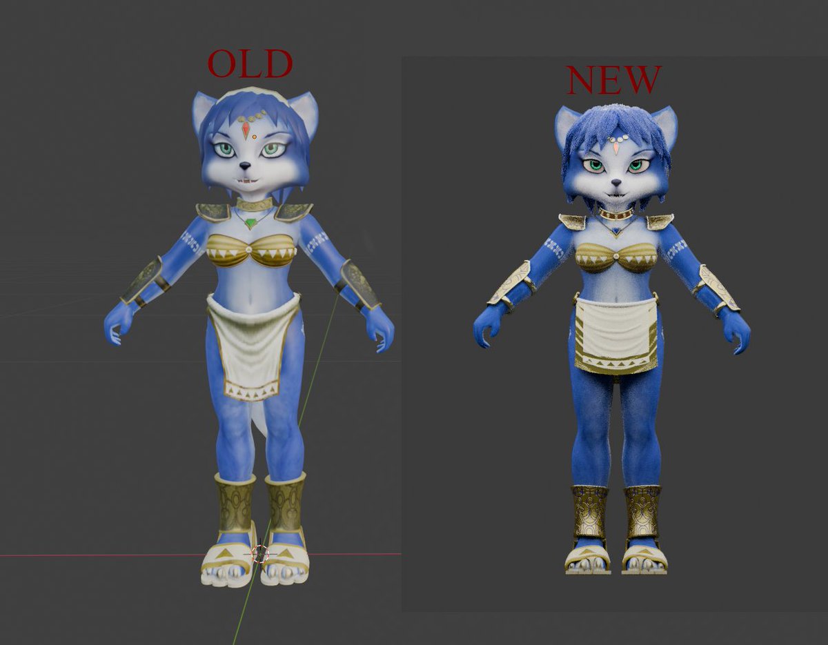 Schattenkit's tweet photo. Krystal Blender model preview. The second post has individual pics of model comparisons. They go in order:

The game's model
GreyFireFox's model
My edited version
Casual

#schattenkitsune #krystal #starfox #blender https://t.co/LCnsv0BAFO