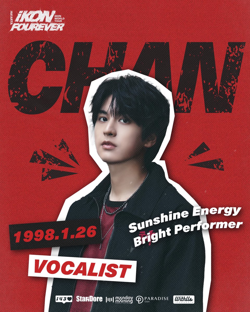 withusind's tweet photo. Sunshine Energy, Bright Performer!

Lahir pada 26 Januari 1998, CHAN dikenal sebagai vokalis iKON yang selalu menghadirkan energi positif di setiap penampilannya. Dengan vokal yang hangat, visual yang menawan, dan pesona yang ceria, CHAN selalu berhasil membuat setiap momen di atas panggung semakin berkesan. 

Siap menyambut CHAN di Jakarta? ❤️

📍 iKON “FOUREVER” WORLD TOUR in Jakarta
📅 21 Agustus 2026 | Istora Senayan

#아이콘 #アイコン #iKON #CHAN #iKON_FOUREVER_JAKARTA #WithUsIndonesia