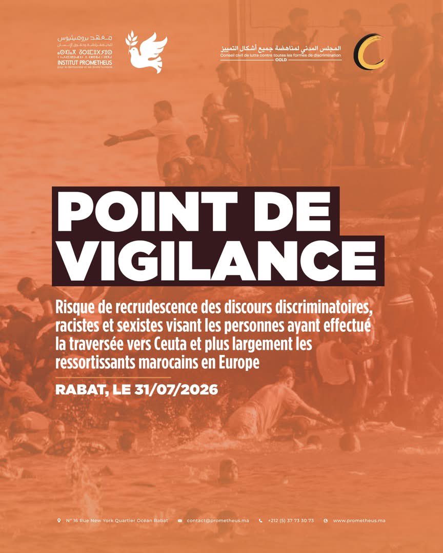IPrometheusDDH's tweet photo. Point de vigilance 1 : Risque de recrudescence des discours discriminatoires, racistes et sexistes visant les personnes ayant effectué la traversée vers Ceuta et plus largement les ressortissants marocains en Europe

#CeutaHateSpeechAlert https://t.co/rmy6jVI2pp