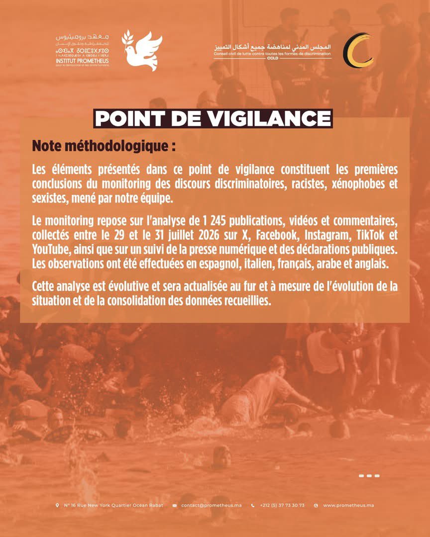 IPrometheusDDH's tweet photo. Point de vigilance 1 : Risque de recrudescence des discours discriminatoires, racistes et sexistes visant les personnes ayant effectué la traversée vers Ceuta et plus largement les ressortissants marocains en Europe

#CeutaHateSpeechAlert https://t.co/rmy6jVI2pp