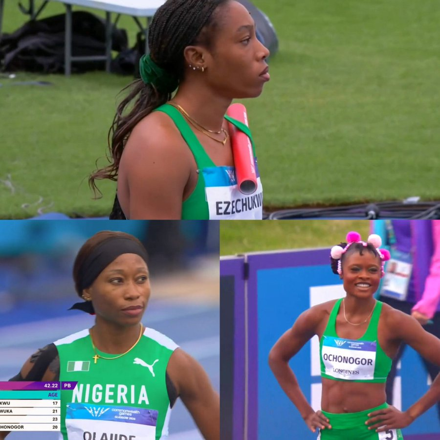 MzOyindolly's tweet photo. Nigeria 🇳🇬 survived a tense second exchange to qualify for the women's 4x100m final at the Commonwealth Games in Glasgow!

The quartet of Miracle Ezechukwu, Jennifer Chukwuka Obi, Olayinka Olajide and Prestina Ochonogor recovered from a shaky baton exchange between Obi and Olajide to finish 2nd in their heat in 43.93s, securing automatic qualification for the final.