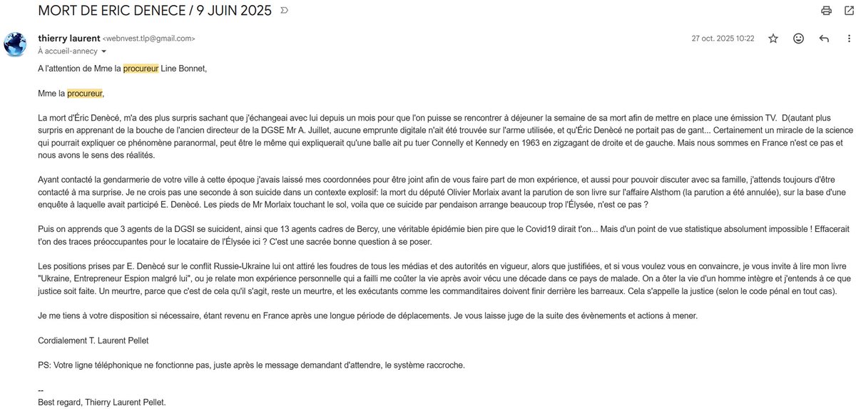 GGeopol_is_Back's tweet photo. Un internaute m'a interpelé à juste titre sur le prénom, qui effectivement est Olivier et pas Bruno, une erreur d'inattention de ma part (rectifiée en commentaire mais trop tard il semblerait), je m'en excuse. Ceci dit les affaires Olivier Morleix et Eric Denécé sont directement liées car ils travaillaient ensemble, aussi je vous soumets un courrier écrit au procureur auquel je n'ai jamais eu de réponse.

PS : Vous noterez que je n'ai pas fait d'erreur sur le prénom dans ce courrier...
