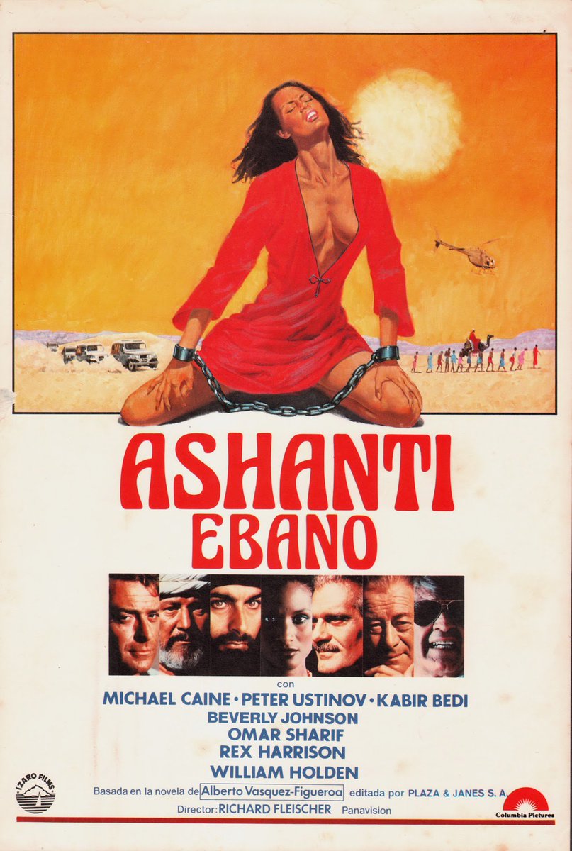 rubgonbe's tweet photo. ASHANTI (ÉBANO) (Richard Fleischer, 1979)

Aventura con reparto de lujo (Caine, Ustinov, Sharif…) basada en el libro de Vázquez-Figueroa sobre el tráfico de esclavos.
Producción cara con localizaciones espectaculares, ritmo lento, intriga floja y personajes planos.

#YoTuveUnVHS https://t.co/XVycwRLmSF
