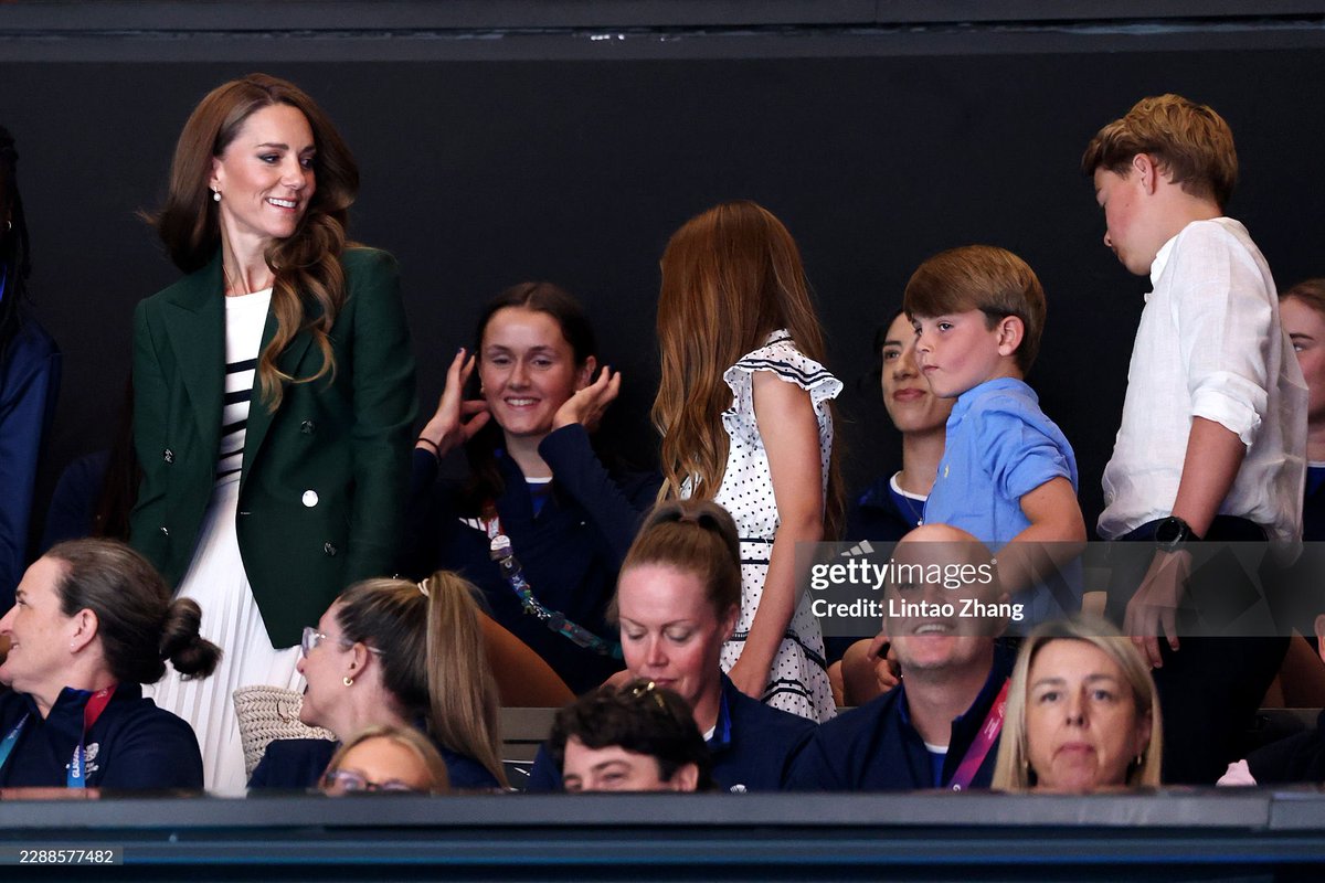 SabirahLohn's tweet photo. The Prince and Princess of Wales along with Prince George, Princess, Charlotte, and Prince Louis watch the Semi-Final match between Team Australia and Team Jamaica on day nine of the Glasgow 2026 Commonwealth Games. https://t.co/9KGq37ivuA