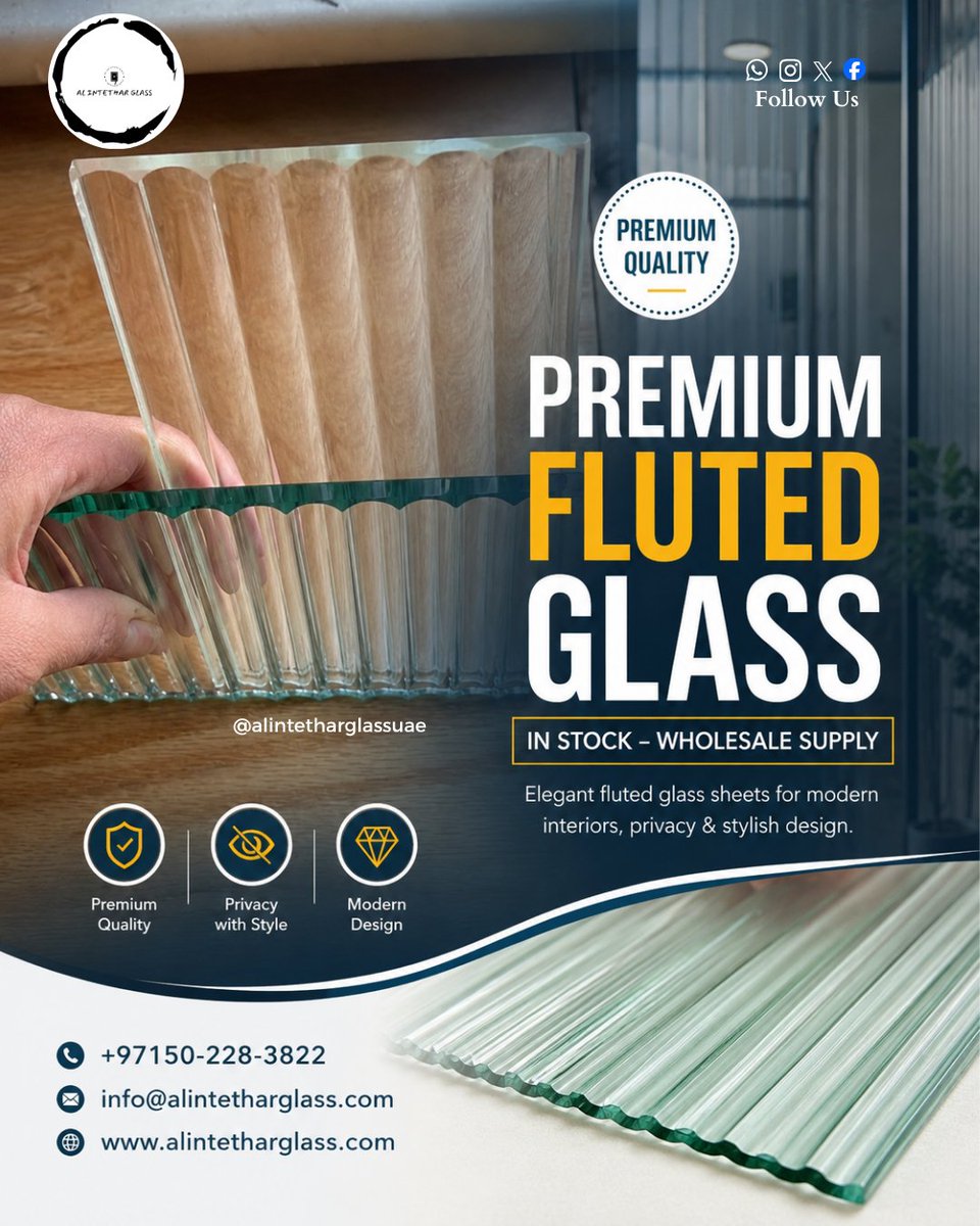 Alintharglass's tweet photo. Premium Fluted Glass now in stock! 🇦🇪

Perfect for luxury interiors, office partitions, doors &amp; decorative applications.
✔ Wholesale Supply
✔ Premium Quality
✔ Fast UAE Delivery
📞 +971 50 228 3822
🌐 https://t.co/fFQZ4cALli
#FlutedGlass #Dubai #UAE #GlassSupplier #Wholesale https://t.co/uILiI2BbYe