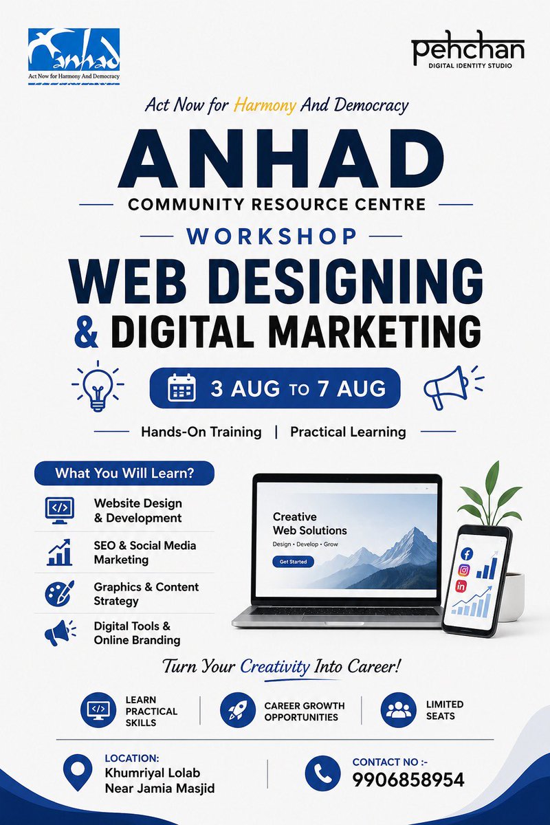 anhadindia1's tweet photo. ANHADCOMMUNITY RESOURCE CENTRE

WORKSHOP 

WEB DESIGNING &amp; DIGITAL MARKETING

Duration:
3 Aug – 7 Aug

Hands-On Training | Practical Learning

What You Will Learn
Website Design &amp; Development
Graphics &amp; Content Strategy
Digital Tools &amp; Online Branding https://t.co/aCGSaVJkjV