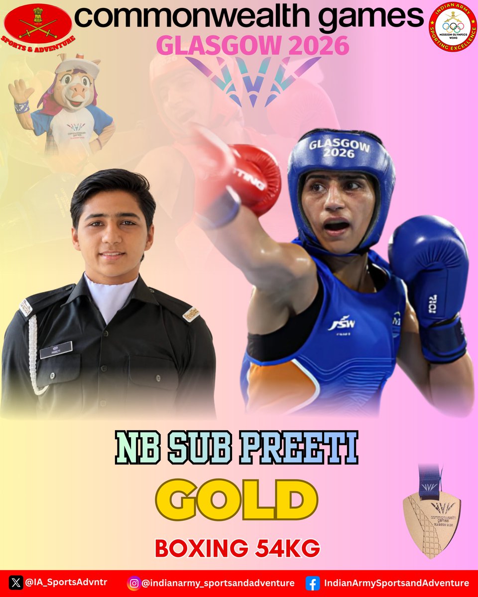 IA_SportsAdvntr's tweet photo. *TRIPLE Medals 🥇 🥇 🥈 FLASH* 
Continuing the golden run at the #CommonwealthGames, #IndianArmy boxers have begun converting finals into victories (2 gold & 1 silver). 
Gold 🥇 
Naib Subedar Preeti  (54 kg)
Naib Subedar Jaismine (57 kg)
Silver 🥈 
Havildar Jadumani (55kg), bringing glory to the nation 🇮🇳 and pride to the Indian Army.
Heartiest congratulations to the champions.
Best wishes to the remaining five boxers for their gold medal bouts—may they continue this  momentum and keep the Tricolour 🇮🇳flying high and make every Indian proud.

#MissionOlympicsWing #Glasgow2026 
#Cheer4Bharat
#Boxing

@adgpi 
@NorthernComd_IA @easterncomd 
@westerncomd_IA
@SWComd_IA
@IaSouthern