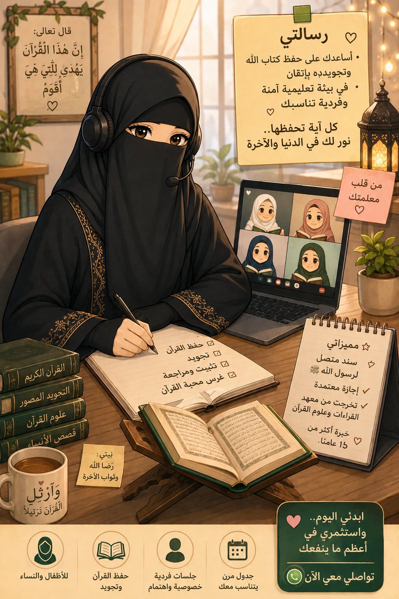 Ebnat_Aesha's tweet photo. 📖 اجعلي القرآن رفيقًا لقلبك… واجعلي طفلك ينشأ مع كتاب الله 🤍

تحفيظ القرآن الكريم وتعليم التجويد للنساء والأطفال، بتعليم فردي ومتابعة خاصة تناسب مستوى كل طالب.

🌿 أكثر من 15 عامًا من الخبرة
🌿 إجازة في القرآن الكريم وسند متصل
🌿 تصحيح التلاوة ومتابعة الحفظ والمراجعة

✨ حفظٌ متقن… وتلاوةٌ صحيحة… وصحبةٌ مع القرآن.

📩 للتواصل والاستفسار واتس  https://t.co/RnGCr9tnNB