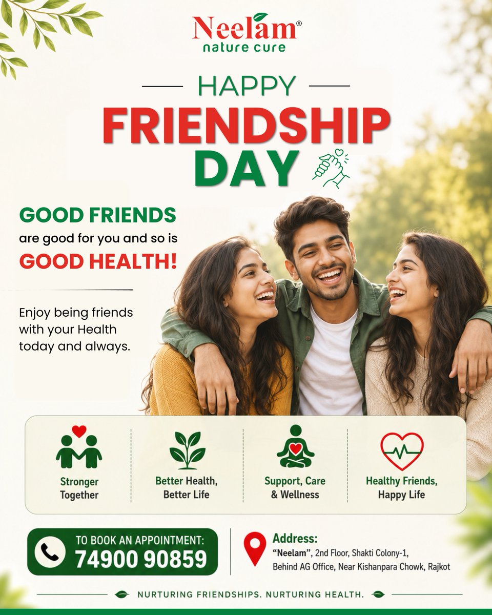 NHCHealthStudio's tweet photo. 🤝 Happy Friendship Day! 💚

GOOD FRIENDS are good for you and so is GOOD HEALTH!
Enjoy being friends with your Health today and always.
.
.
.
#HappyFriendshipDay #FriendsForever #HealthyFriendships #FriendshipGoals #NeelamNatureCure https://t.co/XqoIVl4gRg