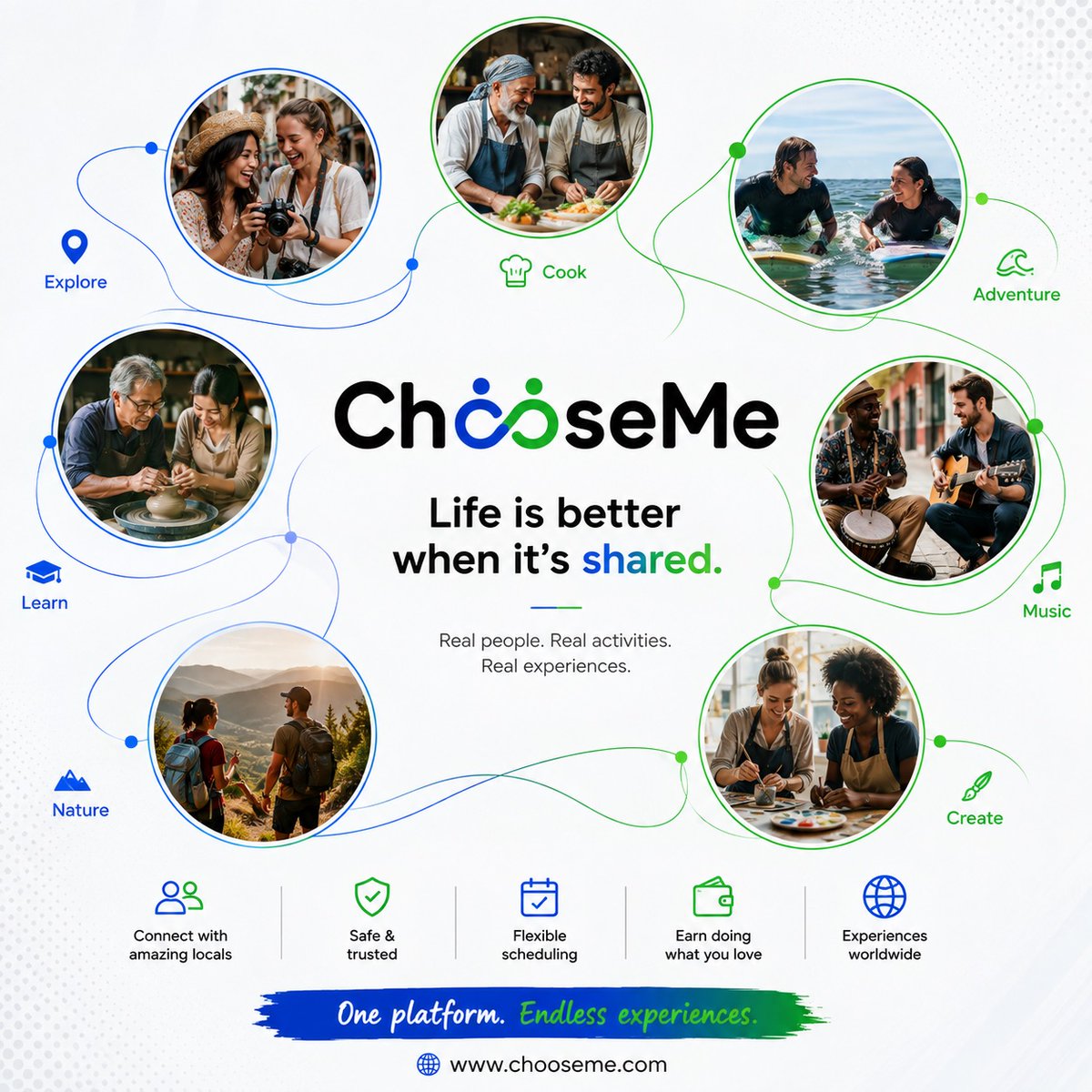 ChooseMeApp's tweet photo. Life becomes richer when we share what we know, what we love, and what we are curious to discover.

From cooking and creativity to music, nature, and adventure, every experience becomes more meaningful when it brings people together.

#ChooseMe #RealExperiences #Connections https://t.co/CJjYCzulAr