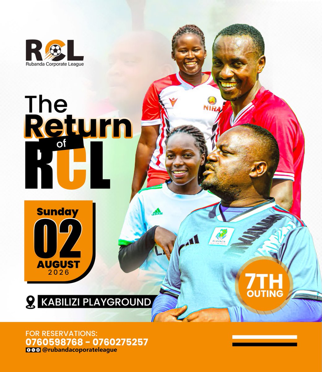 FootballRubanda's tweet photo. Rubanda Corporate League is back for  its 7th Outing, and the excitement returns this Sunday,  2nd August 2026 at Kabirizi Playground. 

 #RCL https://t.co/MBAGlaycq4