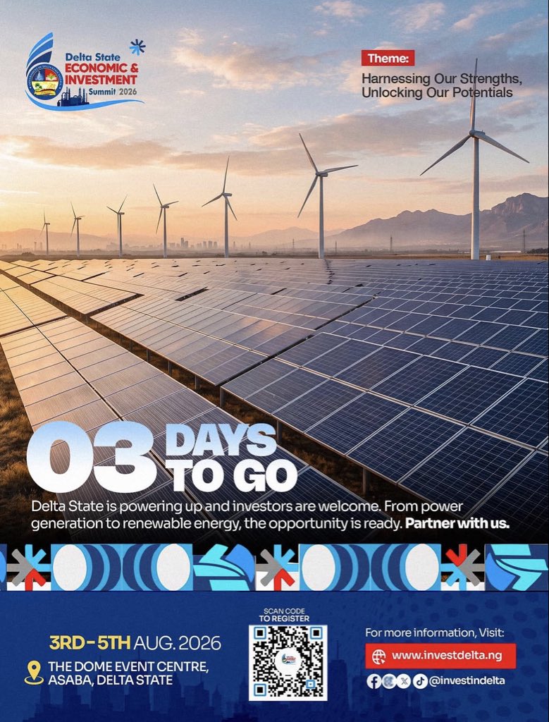 investindelta's tweet photo. With stable power at the heart of its development agenda, Delta State is creating the right conditions for enterprise, innovation and long-term investment, making it an ideal destination for investors seeking long-term value.

📍 Delta State Economic and Investment Summit
🗓 August 3–5, 2026

#deltastateinvestmentsummit2026 #investindelta #dis26