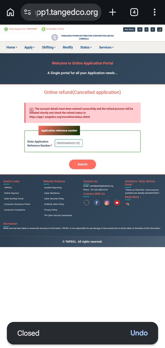 babu_sivaaa's tweet photo. @TANGEDCO_Offcl 
Hi I have applied for new connection, unfortunately it was getting cancelled. 
I applied for refund through your site. But still not received amount and same status showing in the website. May I know how to move forward and get refund. https://t.co/eqRLRrv5Wq