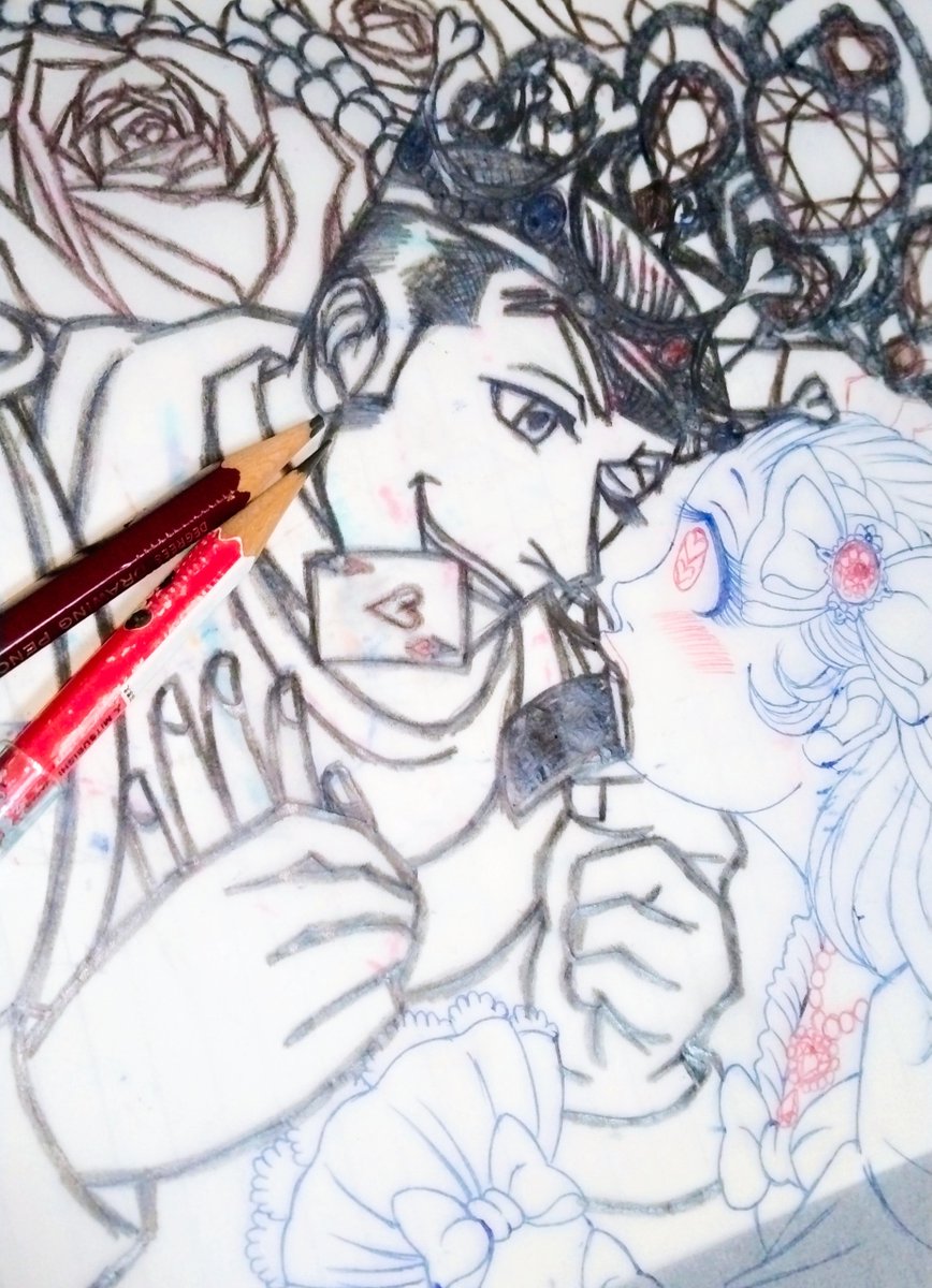 Jinbei_S's tweet photo. #ゆめかわ
#ロマンチック
#途中絵

🤴「ふふっ……もくこ。
こんなに近くで見つめられると、僕の方がドキドキしちゃうよ。……ほら、見て。
このハートのカード……君に渡したくて、ずっと口にくわえてたんだ。  好きだよ、もくこ。
誰よりも、ずっと。」

👸「……王子様……
そんなこと、急に言われたら……
顔、熱くなっちゃう……」

🤴「熱くなってもいいよ。
僕も、君を見てるだけで胸が熱くなるから。……ね、もくこ。
このカード、受け取ってくれる？
僕の全部の気持ち、込めて。」

👸「……うん。
……ありがとう、王子様。
私も……好きです。」

🤴「……ん。
じゃあ、もう少しだけ……このまま、近くにいていい？  君の息が聞こえる距離が、一番好きなんだ。」

ハートの王子様ともくこ姫の新作絵をトレース中～✏
ここまで進みました💖
セリフをつけてみました✨