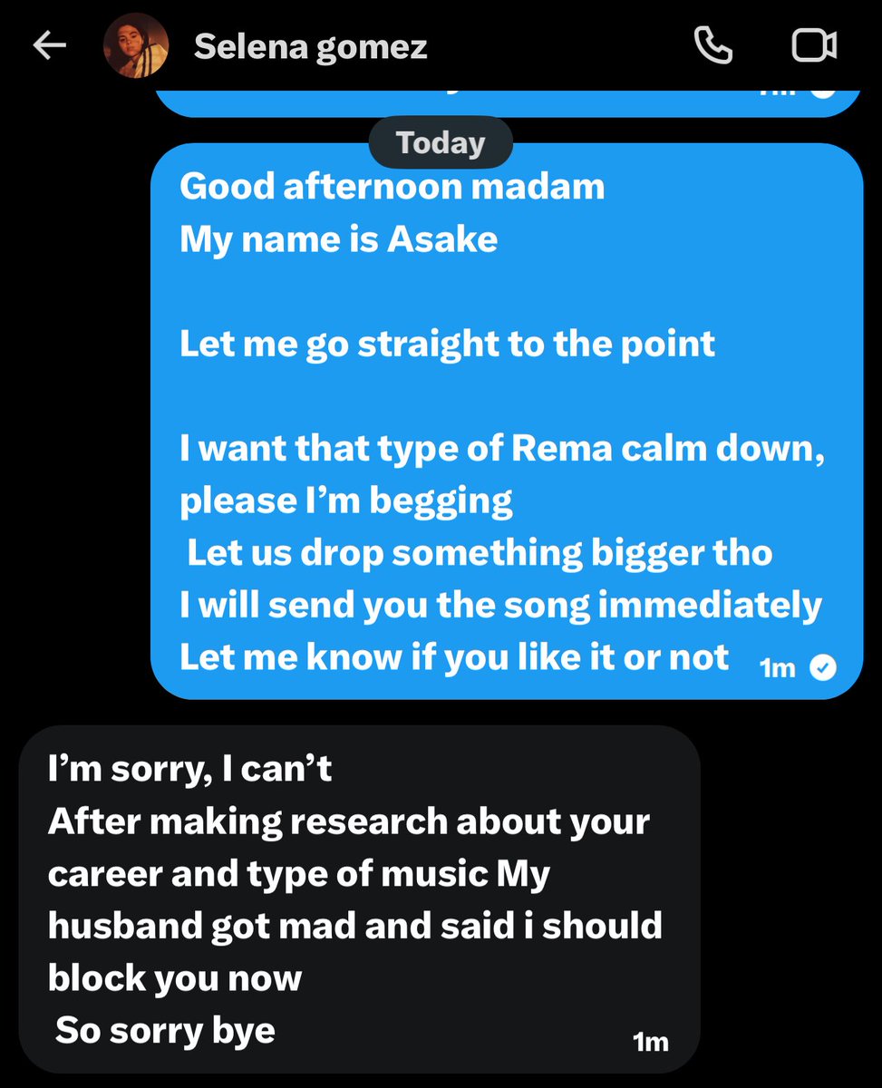 Tariwi4f's tweet photo. Afro-begging 

Asake &amp; Selena chat don leak 💔 https://t.co/EOpCVUq6Zu
