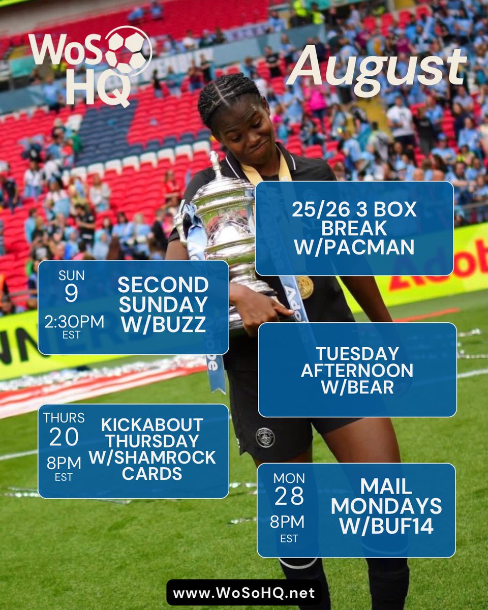 WoSoHQ's tweet photo. This month’s livestream lineup in the WoSo HQ! ⚽📦

Whether you’re here for the mail days, box breaks, auctions, or just hanging out with fellow women’s soccer fans, there’s something for everyone. https://t.co/yn6ysYZhZP