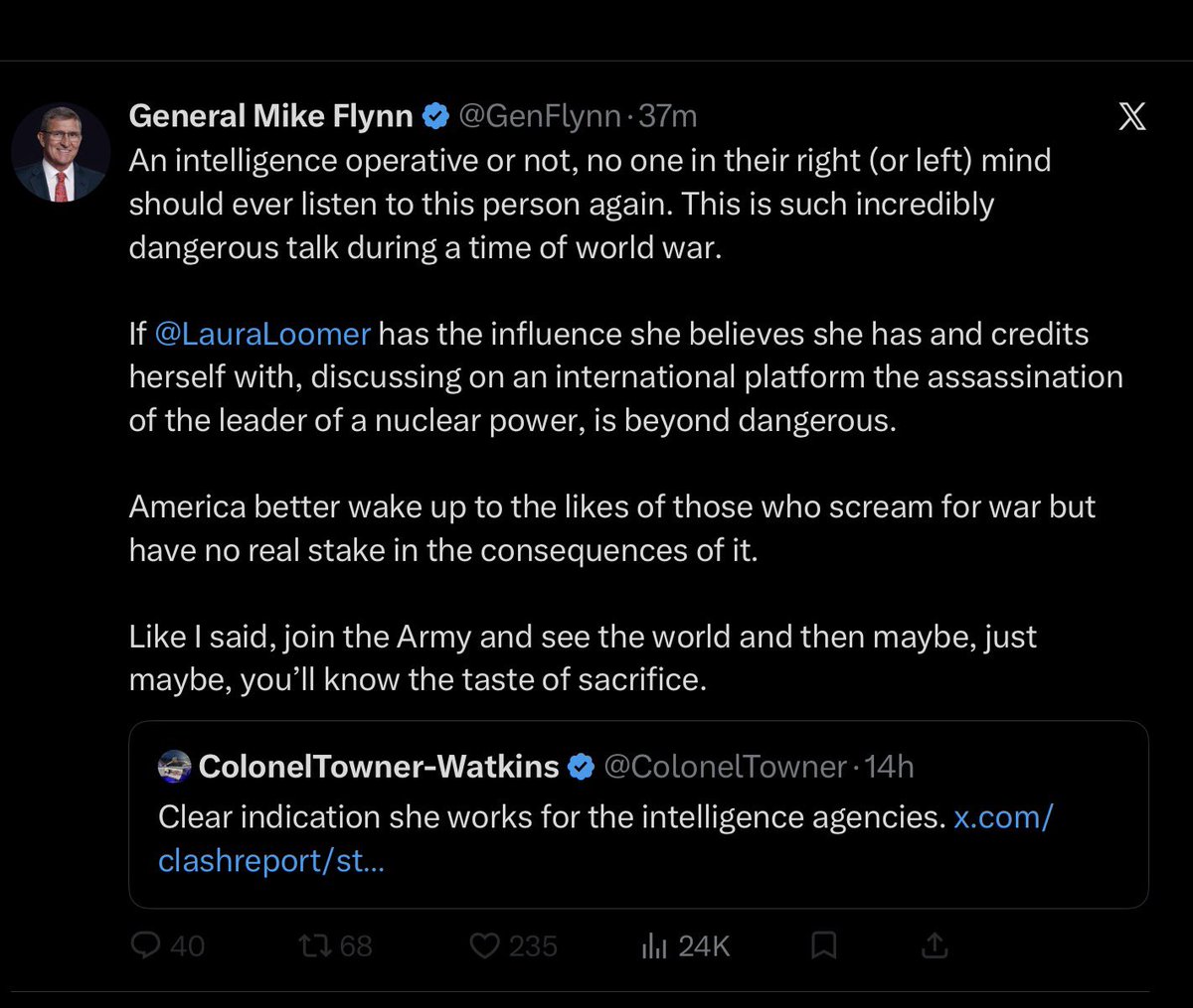 jimstewartson's tweet photo. Mike Flynn is super mad at his old friend Laura Loomer for suggesting that Putin should be taken out. Golly, I wonder why? https://t.co/Z9TcKLptyR