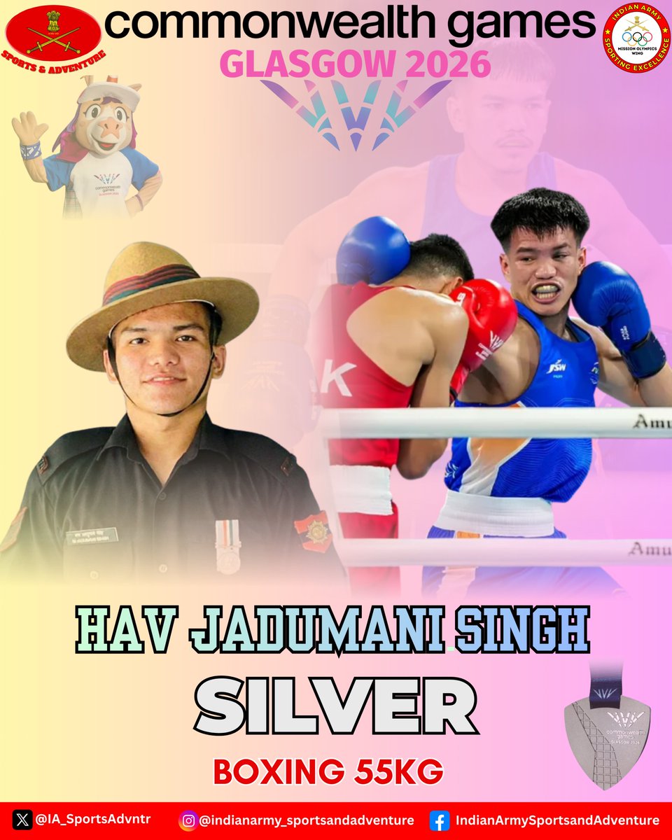 IA_SportsAdvntr's tweet photo. *TRIPLE Medals 🥇 🥇 🥈 FLASH* 
Continuing the golden run at the #CommonwealthGames, #IndianArmy boxers have begun converting finals into victories (2 gold & 1 silver). 
Gold 🥇 
Naib Subedar Preeti  (54 kg)
Naib Subedar Jaismine (57 kg)
Silver 🥈 
Havildar Jadumani (55kg), bringing glory to the nation 🇮🇳 and pride to the Indian Army.
Heartiest congratulations to the champions.
Best wishes to the remaining five boxers for their gold medal bouts—may they continue this  momentum and keep the Tricolour 🇮🇳flying high and make every Indian proud.

#MissionOlympicsWing #Glasgow2026 
#Cheer4Bharat
#Boxing

@adgpi 
@NorthernComd_IA @easterncomd 
@westerncomd_IA
@SWComd_IA
@IaSouthern