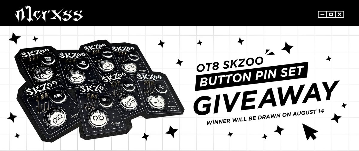 n1crxss's tweet photo. OT8 SKZOO Button Pin Set Giveaway for STAY Birthday!🖤

How to join:
♡ Like this post
♡ Follow @n1crxss &amp; @noodicule
♡ Retweet this post + the replies below
♡ Tag 2 STAYs

⭬  Winner will be drawn on August 14.

Good luck! ^^ https://t.co/BkFqgiD8PJ