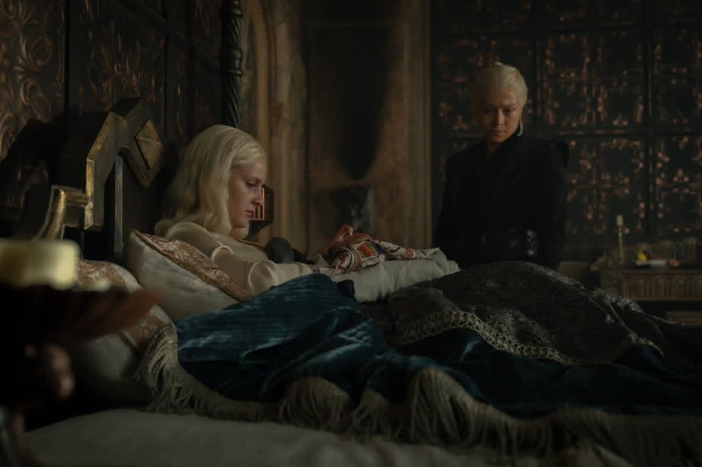 Utd_Valeria's tweet photo. Queen Rhaenyra Targaryen confronts her sister Queen Helaena Targaryen, and since Helaena has dragon dreams (psychic abilities), she demandsto know what the future holds.  And Rhaenyra may not like what she hears. https://t.co/xgtjtzdMW3