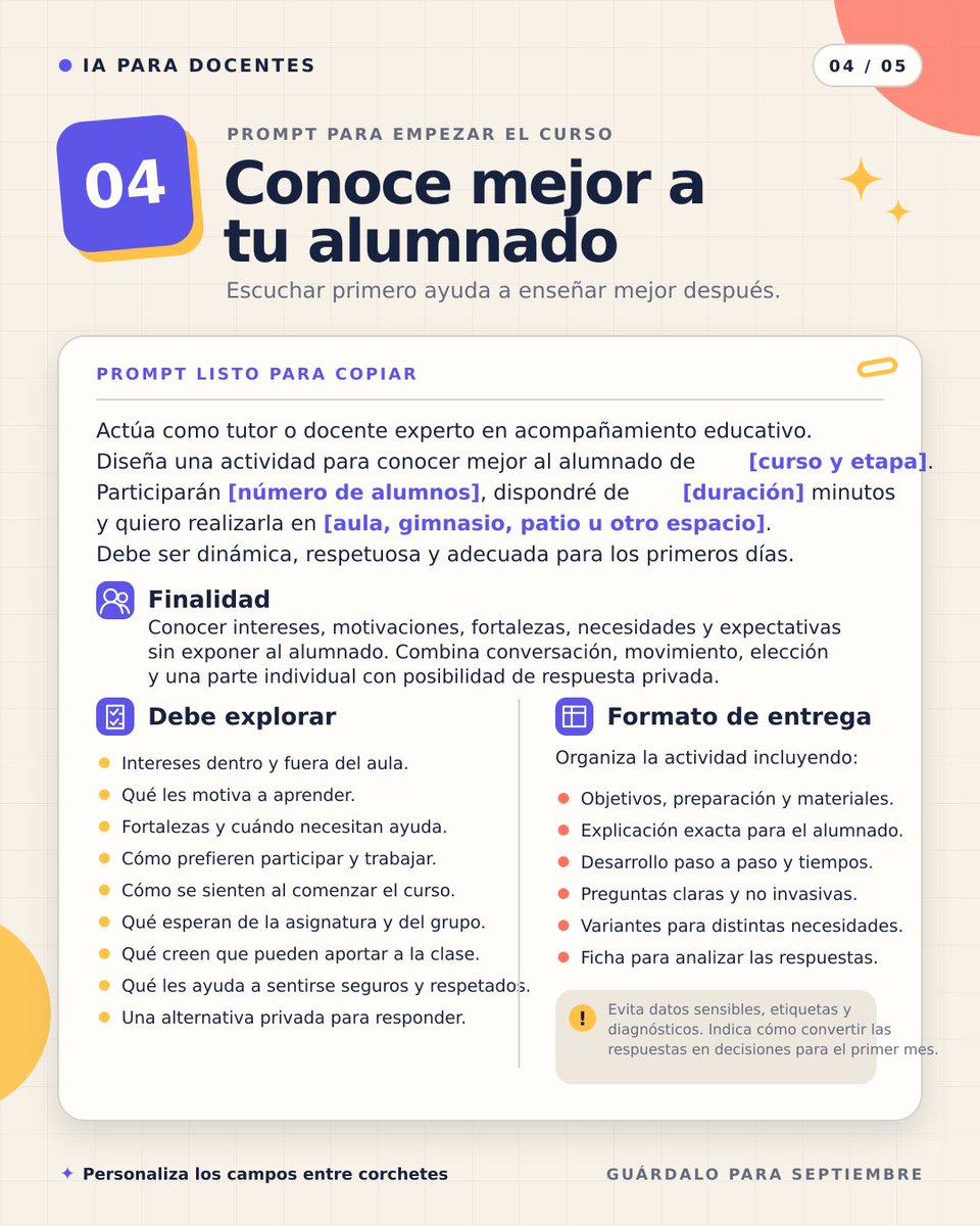 ProfeEnBeta's tweet photo. ¡Septiembre ya mismo está aquí!

He preparado 4 prompts de IA listos para copiar que os van a ahorrar horas de preparación al empezar el curso:

1️⃣ Planifica la primera semana

2️⃣ Crea una evaluación inicial (sin convertirla en nota)

3️⃣ Establece normas y rutinas

4️⃣ Conoce mejor a tu alumnado

Solo tenéis que personalizar lo que va entre corchetes.

Guardadlos 👇