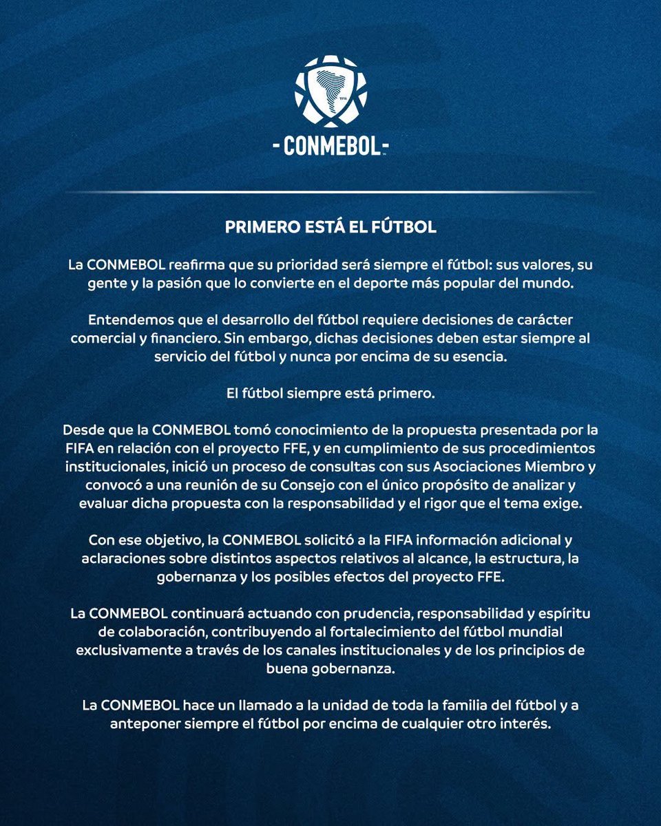 FutbolUyy's tweet photo. COMUNICADO.

CONMEBOL llama a la unidad.

"Anteponer al fútbol por encima de cualquier otro interés". https://t.co/CEJMDOewYg