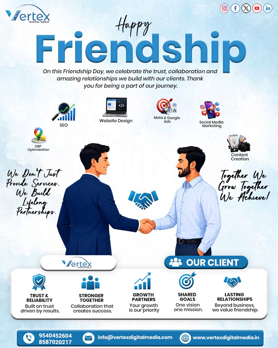 Vertexdigital04's tweet photo. Happy Friendship Day! 🤝✨ Celebrating the trust, support &amp; partnerships that help us grow together. Thank you for being part of our journey. 💙

#VertexDigitalMedia #FriendshipDay #HappyFriendshipDay #FriendshipGoals https://t.co/yQ9jObIfaK