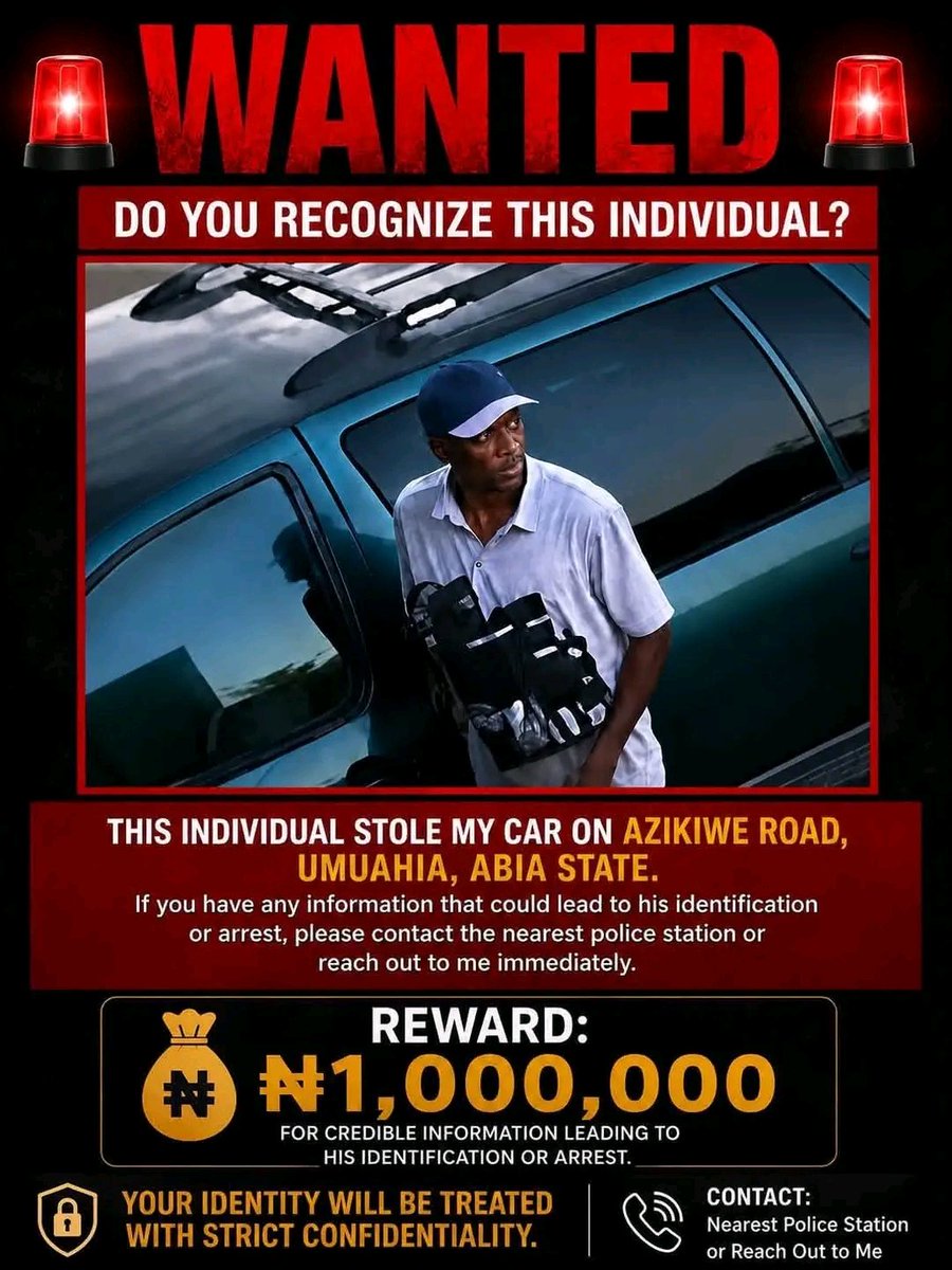 kepukepunews's tweet photo. N1,OOO,OOO.OO cash reward for anyone with credible information that will lead to the arrest of this car thief.

He stole a car at Azikiwe road, Umuahia.

Sħare on all platforms. https://t.co/APUAaAIfIf