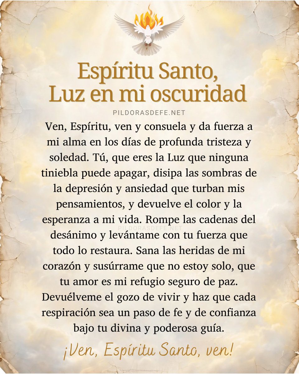 Pildorasdefe's tweet photo. Ven, Espíritu Santo, Protector y guía de mi vida, sé Luz en mi oscuridad cuando venga la terrible soledad y depresión

🙌 https://t.co/yiRHOAxVXz