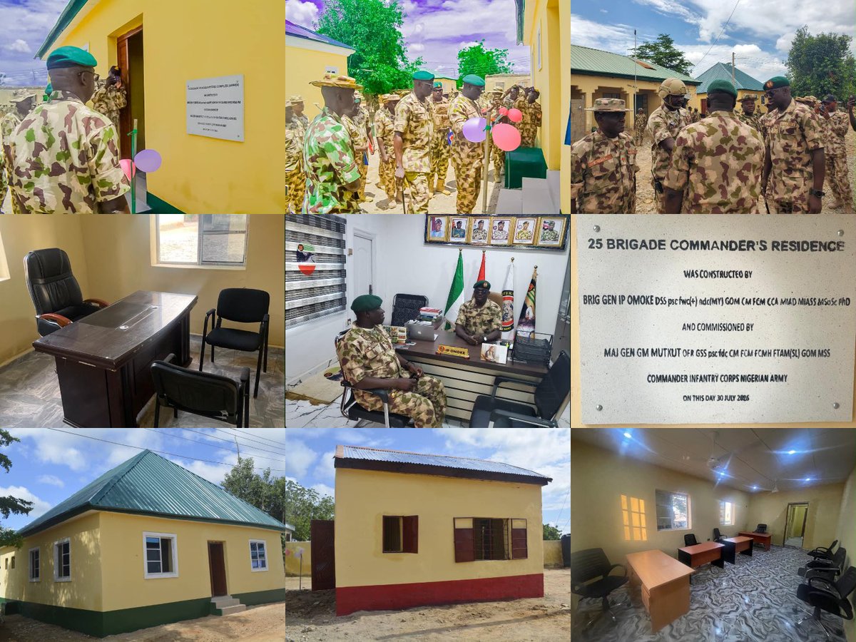 NigeriaArmyInfo's tweet photo. COMMANDER INFANTRY CORPS REAFFIRMS COMMITMENT TO TROOPS’ WELFARE, COMMISSIONS NEW INFRASTRUCTURE AT 25  BRIGADE

In furtherance of the Nigerian Army’s commitment to enhancing combat readiness and improving troops’ welfare, the Commander Infantry Corps (CIC), Major General Godwin Mutkut, paid an operational visit to Headquarters 25  Brigade, Damboa, on 30 July 2026. During the visit, the senior officer received updates on ongoing operations, commissioned key infrastructure projects aimed at improving the Brigade’s operational capacity and personnel welfare, and commended officers and soldiers for their resilience, professionalism, and unwavering commitment to counter-terrorism operations under the Joint Task Force (North East) Operation HADIN KAI.

At the Brigade Operations Room, Major General Mutkut received a comprehensive briefing on the prevailing security situation, ongoing operations, key achievements, and operational challenges within the Brigade’s Area of Responsibility (AOR). He subsequently toured the Brigade Headquarters Base Camp, where he commissioned newly completed infrastructure projects, including the Brigade Commander’s Residence, the Headquarters Office Complex Annex, and the Brigade Guard Room, all executed by the Brigade Commander, Brigadier General Igwe Omoke. 

Addressing the troops, the CIC acknowledged the highly contested operational environment in which they operate and conveyed the commendation of the Chief of Army Staff (COAS), Lieutenant General Waidi Shaibu, NAM, for their courage, resilience, and unwavering commitment in countering terrorist threats. He also highlighted the Nigerian Army’s welfare initiatives aimed at improving the well-being of personnel and their families, stressing that enhanced welfare should translate into greater operational effectiveness and mission success.

Major General Mutkut reminded personnel to uphold the ethics, customs, and traditions of the Nigerian Army. He reiterated the Service’s zero-tolerance policy on drug abuse, theft, fighting among personnel, and the misuse of social media. He further urged soldiers to maintain strong family ties, noting that a stable home front remains critical to sustaining morale and enhancing operational effectiveness.

In his remarks, the Commander 25 Brigade, Brigadier General Igwe Omoke, expressed appreciation to the Commander Infantry Corps for the visit and continued support to the Brigade. He noted that the commissioning of the new infrastructure and the CIC’s words of encouragement would further motivate officers and soldiers to remain resolute in the discharge of their constitutional responsibilities.

The visit concluded with the exchange of souvenirs and group photographs before the Commander Infantry Corps departed Headquarters 25 Brigade, marking the successful end of the operational engagement.

MOHAMMED GONI
Captain 
Acting Military Information Officer 
Headquarters Joint Task Force (North East) Operation HADIN KAI 
MAIDUGURI 
31 July, 2026