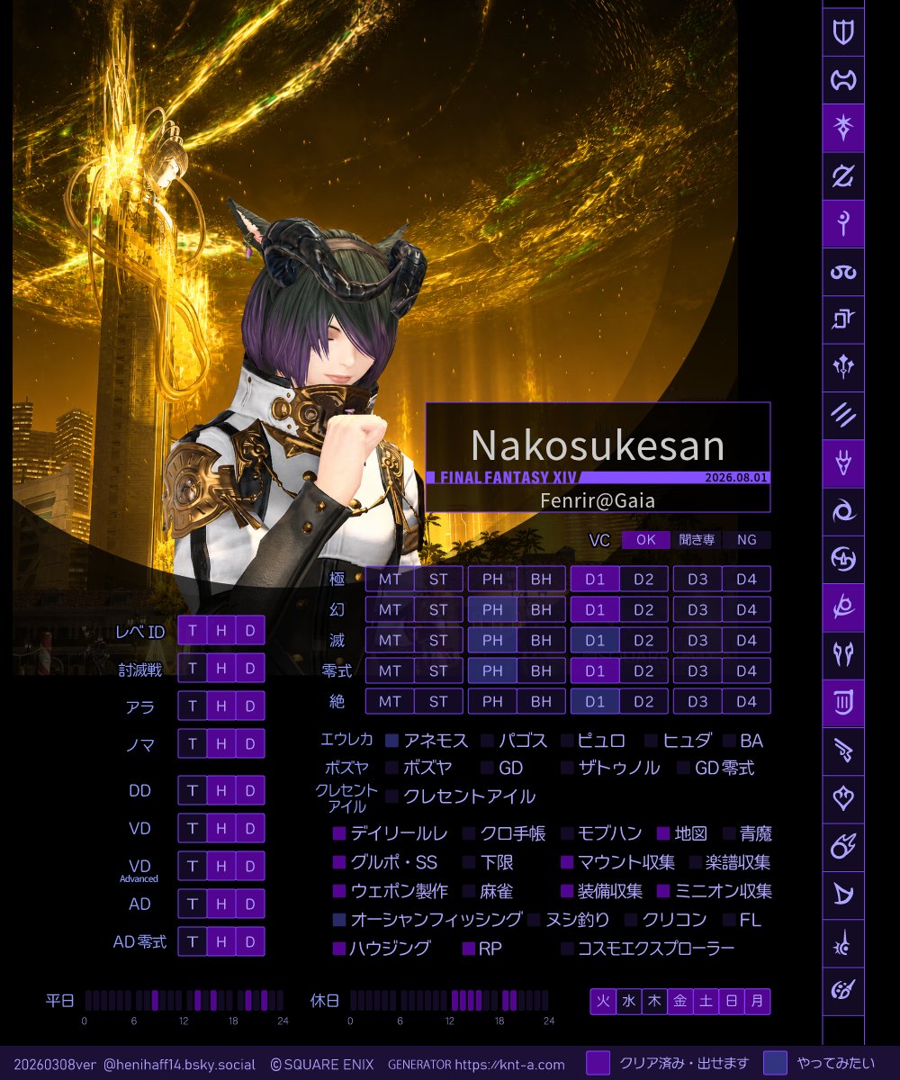 Nakosuke_12's tweet photo. 黄金のレガシー全部クリアしたのでキャラカ更新～！
お友達募集中です！
よろしくお願いいたします～

#キャラカ #FF14 #FF14キャラクターカード #GaiaDC #Fenrir https://t.co/PHTObpNZMy