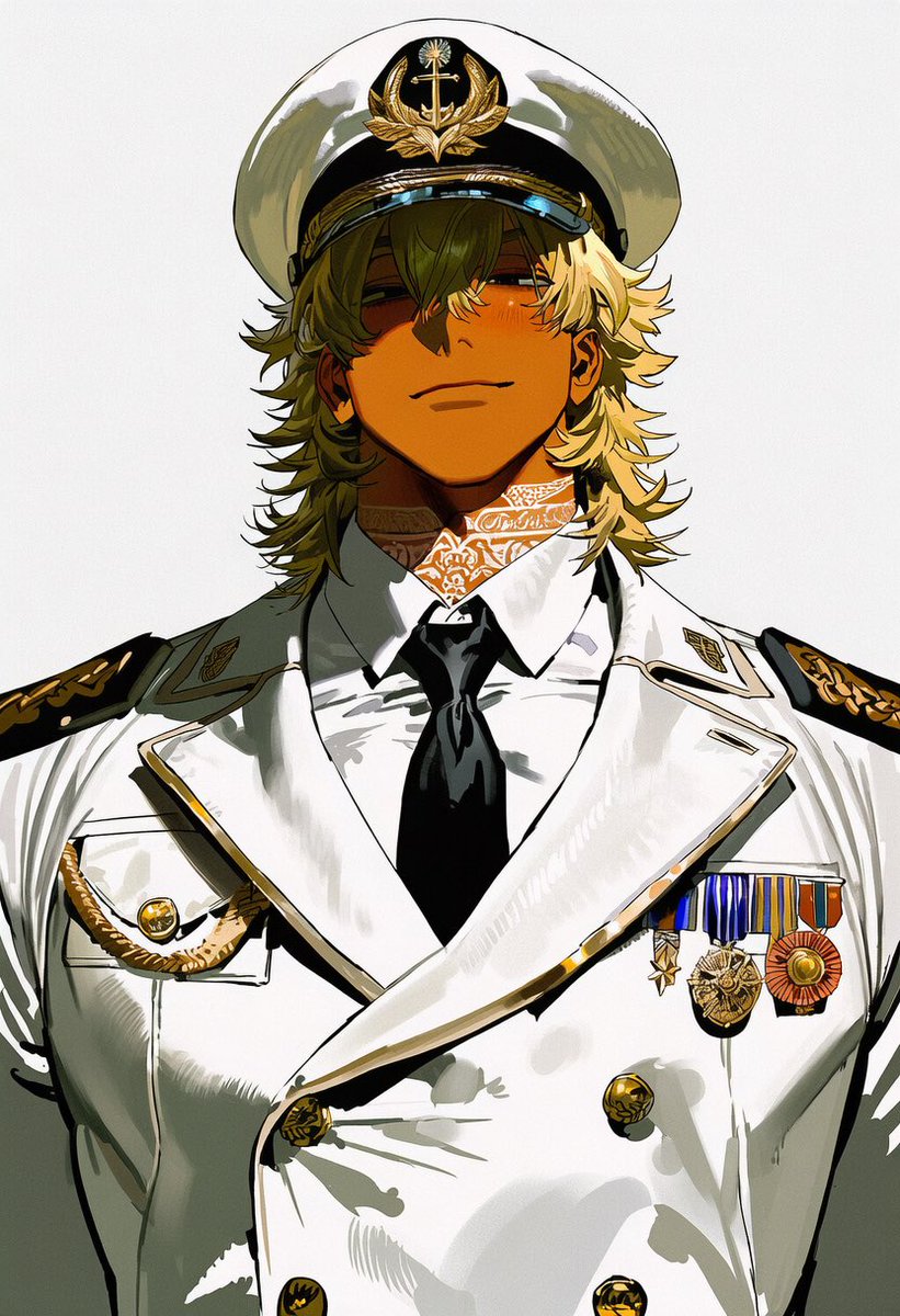 NULL___NOTFOUND's tweet photo. 해군⚓️

solo, upper body, white military uniform,
naval uniform, double-breasted jacket, gold buttons,
epaulettes, gold aiguillette, shoulder cord,
peaked cap, white headwear, black brim,
gold anchor emblem, gold laurel embroidery,
medals, ribbon bar, badge, black necktie, white dress shirt,

shadow over eyes, cap covering eyes, face in shadow,
looking down, expressionless, closed mouth,
simple background, white background,