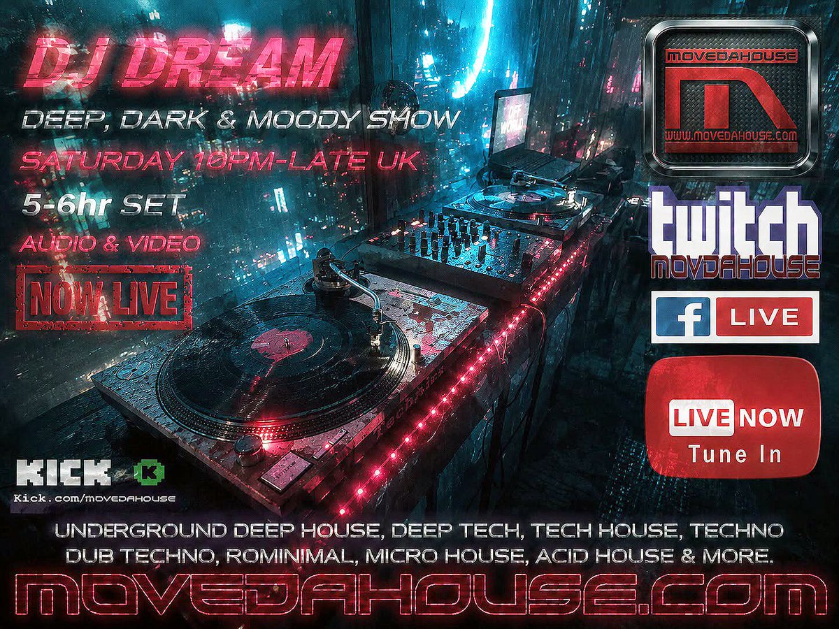 MoveDaHouse's tweet photo. Now playing #livedjset on MoveDaHouse #Radio #LIVESTREAMING
10PM-LATE UK- DJ DREAM-DEEP, DARK & MOODY SHOW LIVE!
Underground #HouseMusic #deephousemusic #deephouse #TechHouse #deeptech #techno #deeptechno #dubtechno #acidhouse #djset #listen #watch #chat @:https://t.co/u0pzhAJjnD https://t.co/fjJKjslJq6