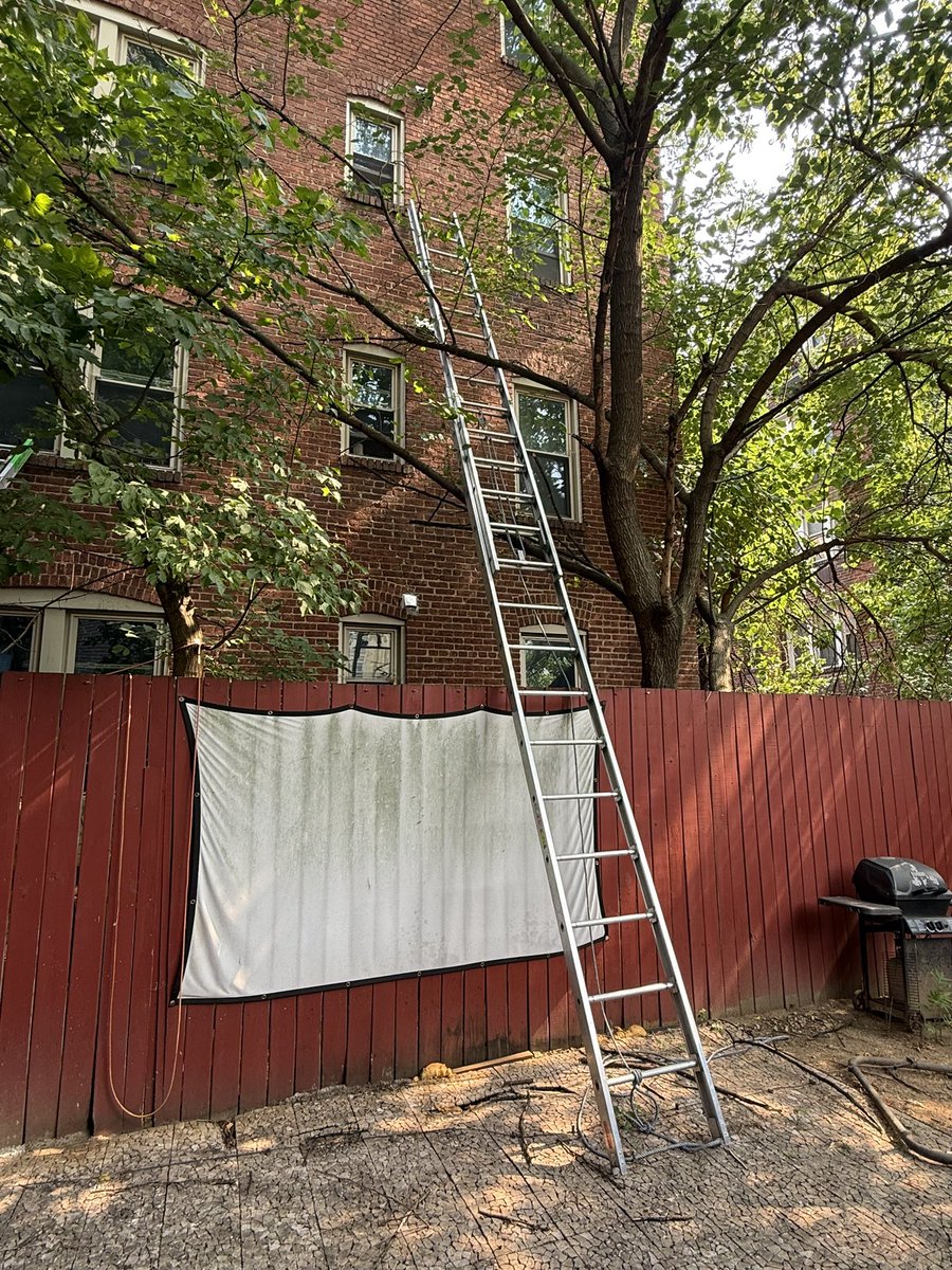 DCFDKelleher's tweet photo. We’re coming for you. When rear access is difficult, our @dcfireems firefighters don’t stop—they adapt. This week Truck 9 carried ground ladders down a walkway, over fences and through trees to reach upper floors, during a fire in an apartment building. #DC #Ward1DC https://t.co/B2nDTx3hZ3