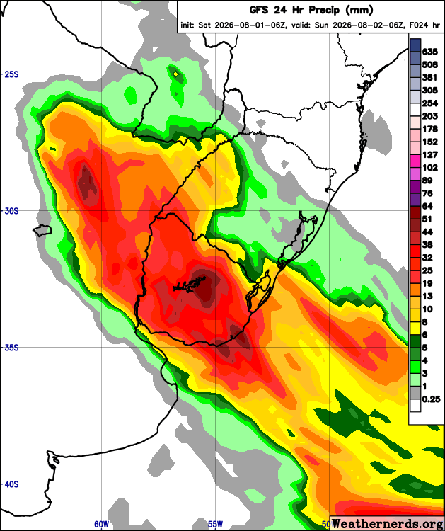 mario_bidegain's tweet photo. #Lluvia prevista (mm) por #GFS en 24 horas, de SAB01 (03 hrs) a DOM02agp (03 hrs). Se esperan de 10 a 50 mm sobre #Uruguay, 10-30 sobre Entre Ríos y Santa Fé (#Argentina) y 6 a 30 mm sobre Rio Grande do Sul (#Brasil). https://t.co/YSlZweP6Lg
