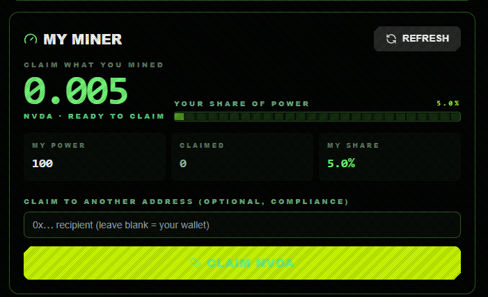 RamOnFlap's tweet photo. // MINER_INTERFACE // ONLINE

> FIRST $NVDA REWARDS CALCULATED
> MINING POWER DETECTED
> CLAIM SYSTEM: ACTIVE

The RAM Miner dashboard is now live

Miners can now:

> CHECK THEIR MINING POWER
> VIEW THEIR SHARE OF THE NETWORK
> TRACK TOKENIZED $NVDA MINED
> CLAIM REWARDS DIRECTLY ONCHAIN
> SEND THE CLAIM TO ANOTHER ADDRESS

Your allocation is determined by your share of the total mining power

Trading fees fuel the machine
The machine acquires tokenized $NVDA
Mining power determines who receives the output

This is no longer a concept

The first harvest is ready to claim

// REWARDS_LOADED
// CLAIM_MODULE_ENABLED
// NVIDIA_HARVEST_ACTIVE