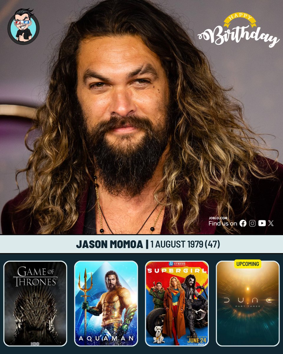 joblocom's tweet photo. Jason Momoa turns 47 today! 🎂
 #JasonMomoa #GameOfThrones #Aquaman #Supergirl #DuneMovie https://t.co/wOU8umcTN2