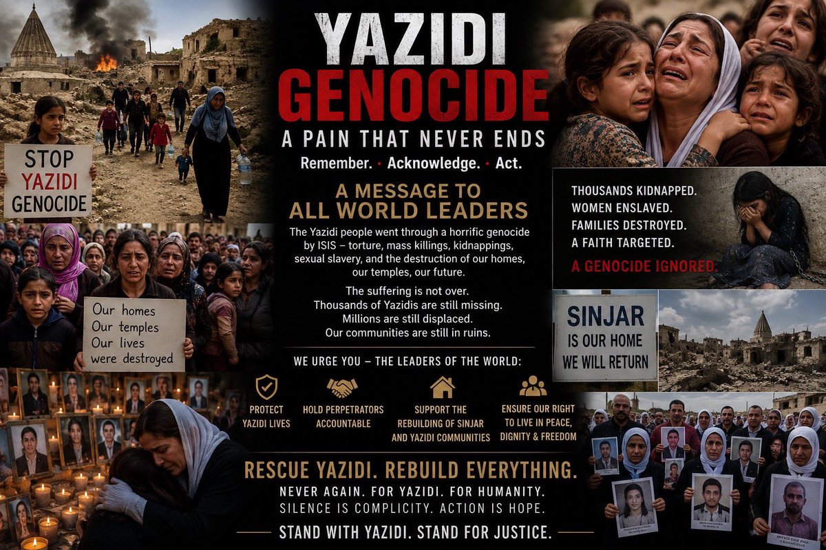 falyasFA's tweet photo. The Yazidi genocide must never be forgotten and must never happen again.

Thousands were murdered. Thousands of women and children were kidnapped. Families were torn apart, and entire communities were destroyed. Many Yazidis are still missing, displaced, and unable to return home safely.

I call on all world leaders to:
• Protect the Yazidi people
• Secure the release of those still missing
• Hold ISIS perpetrators accountable
• Rebuild Sinjar and Yazidi communities
• Guarantee a safe and dignified future for every Yazidi

Silence enables injustice. Action saves lives.

Never Again must mean Never Again for everyone.
@realDonaldTrump 
@SecRubio @FoxNews 
@foxnewspolitics 
@AlHadath 
@AliFalihAlzaidy 
@BarhamSalih 

#Yazidi #YazidiGenocide #NeverAgain #JusticeForYazidis #StandWithYazidis #HumanRights #Sinjar