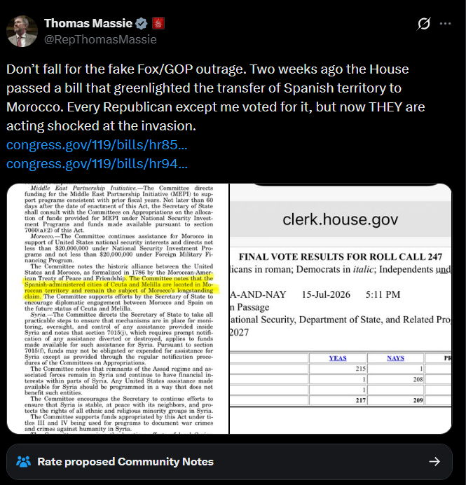 MarioNawfal's tweet photo. 🇺🇸🇪🇸🇲🇦 Massie says the House "greenlighted the transfer" of Spanish territory to Morocco 2 weeks before the Ceuta crisis

The vote is real. H.R. 8595 passed 217-209, Republicans 215-1, Massie the lone no.

But the actual text he's citing is committee report language, not the bill itself: the House Appropriations Committee "notes" Ceuta and Melilla sit in Moroccan territory and "supports" diplomatic talks between Morocco and Spain on their status.

That's not a transfer. It's non-binding guidance. No legal force, no change in sovereignty, and the U.S. has no authority to hand over land it doesn't own in the first place.

The real hypocrisy point survives without the exaggeration: Republicans voted for language acknowledging Morocco's claim, then acted blindsided when migrants used that exact claim to storm the border.

Why inflate a real story when the honest version already lands?

Source: congress .gov / Writer: Oliver