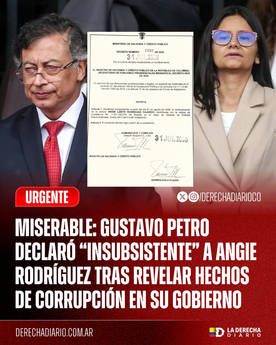 DerechaDiarioCO's tweet photo. 🚨🇨🇴 | HAMPÓN: Después de que Angie Rodríguez lo denunciara ante la Comisión de Acusación y expusiera hechos de corrupción dentro de su Gobierno, el narcopresidente Gustavo Petro ordenó a su ministro de hacienda declararla “insubsistente” y expulsarla de la gerencia del Fondo Adaptación.
