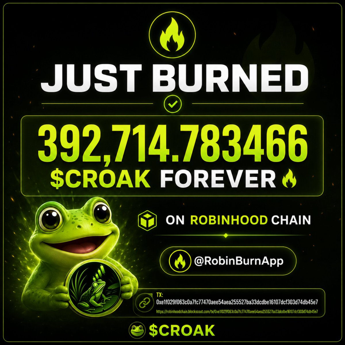 pools_trade's tweet photo. Just burned 392,714.783466 $CROAK forever on Robinhood Chain 🔥by @RobinBurnApp | 

https://t.co/wat0lKdaAl https://t.co/PgxsD9zxRx