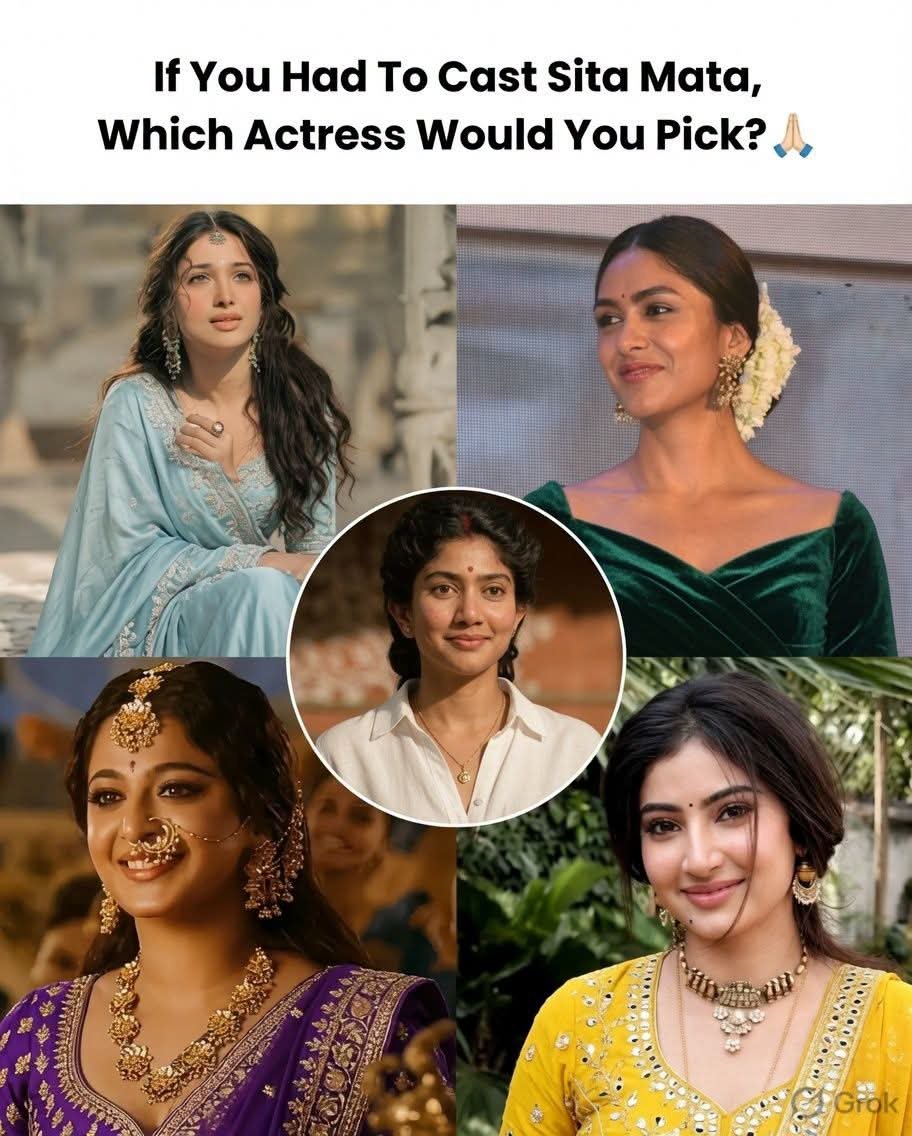 RapidInfoHub's tweet photo. ✨ Which look is your favorite? 👑❤️
Comment below and tell us who impressed you the most! 👇💛 Anushka Shetty, 💙 Sara Arjun, 
💚 Tamannaah Bhatia, 💜 Sai Pallavi
Who would you choose as the perfect Sita? 🌸  #Trending https://t.co/hWMOmpKcFf